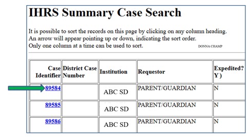 Screenshot of IHRS Case Search screen. Link to Case Identifier is indicated by an arrow.