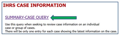 Screenshot of IHRS homepage. Link to Summary-Case Query is indicated by an arrow.