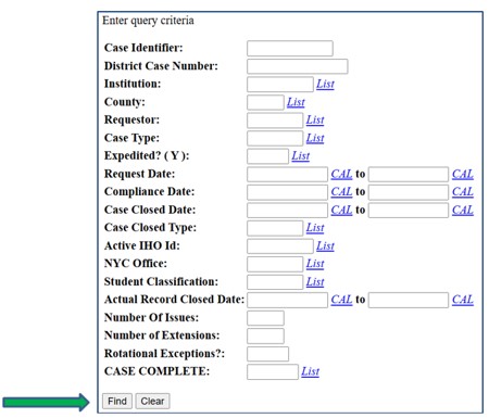 Screenshot of IHRS Summary Case Search screen. Find button is indicated by an arrow.